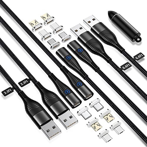 YKZ 3 in 1 Magnetic Charging Cable, Multi Magnet USB Cable for Type C/MicroUSB and i-Product, Max 15W Fast Charger Cable Nylon Braided with a Tips Storage (12 Tips), 4Pack(1M+1M+2M+2M)