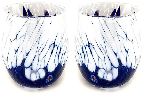 MAZZEGA ART & DESIGN Wassergläser Bicolor aus handgefertigtem und handgearbeitetem Muranoglas mit Murrine-Muster - Die Farben von Murano - Bicolor 435ml. (2, Blau)