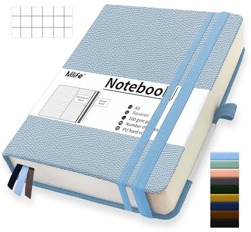 Mlife Quaderno A5 Quadretti, 360 Pagine E 100g/M² Carta Resistente All'Inchiostro, Quaderni Con Tasca Pieghevole Per Ufficio Scuola Casa Scrittura E Note(Azzurro)