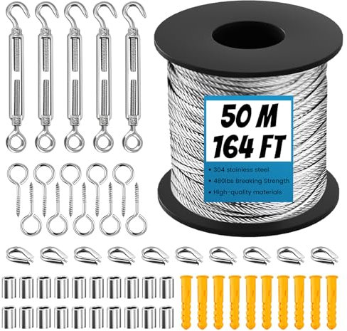 50M Corde en Acier Inoxydable à Suspendre Kit, Câble en Acier Inoxydable Revêtu avec M5 Tendeurs, Kit Cable Metallique pour Plantes Grimpante, Extérieur Suspension, Corde a linge, Lustre D'ExtéRieur