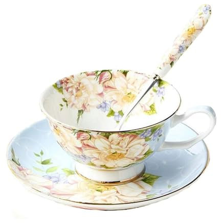 Jiotouhu Ensemble tasse à thé, cuillère et soucoupe en porcelaine et bordures dorées. Boîte cadeau vintage. rose