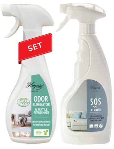 Hagerty Set SOS Spot Remover + Odor Eliminator Fleckenentferner Spray & Textilerfrischer zur Beseitigung & Neutralisierung von Gerüchen für Teppiche Kissen Matratzen Polstermöbel Autositze Vorhänge