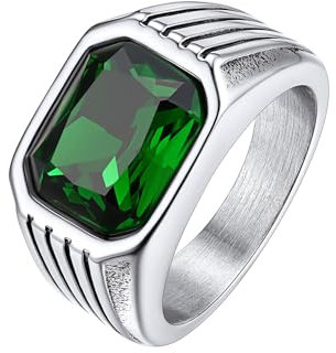Bestyle Smaragd Siegelring für Herren 10 * 12mm Quadrat Schliff Edelstein Band Ring Männer Retro Gothic-Ring Edelstahl Ring Modeschmuck, Silber, Größe 67