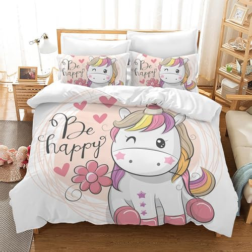Leleyouzer Copripiumino Unicorno 135×200cm,Set Biancheria da Letto per Bambini Unicorno,Copripiumino in Microfibra con Due Federe 50×75 cm(E2)
