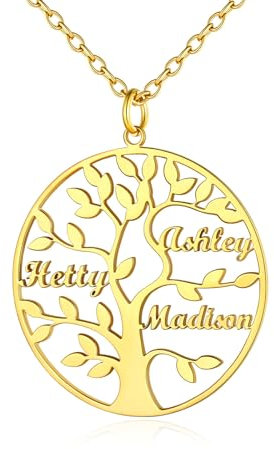 Custom4U Bijoux Famille Collier Arbre de Vie 3 Prénoms Enfant Personnalisé Plaqué Or Pendentif Trois Noms d'arbre Généalogique