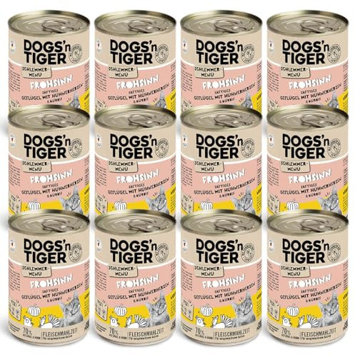 Dogs'n Tiger Schlemmermenü Frohsinn, Katzennassfutter mit Huhn und Kürbis - ohne Getreide, Zuckerzusatz, künstliche Konservierungsstoffe, optimale Verträglichkeit, 12x 400g