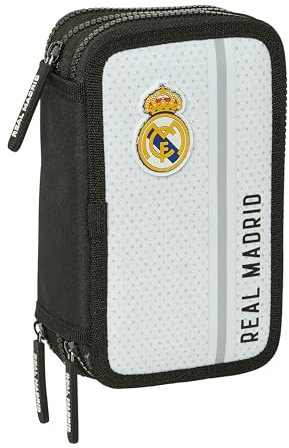 Real Madrid 1. Team 24/25, Schulmäppchen mit 36 Utensilien, Kindermäppchen, ideal für Kinder von 5 bis 14 Jahren, bequem und vielseitig, 12,5 x 5,5 x 19,5 cm, Weiß/Grau, Weiß/Grau, Estándar, Casual