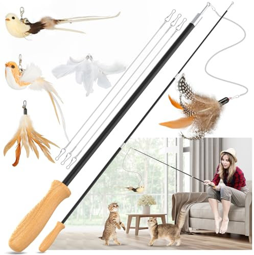 ROSAUI Cat Teaser Wand Toys Set – 2 Extendable Rods with 5 Attachments (3x Feathers & 2x Birds), Wooden Handle, 107cm Retractable Interactive Cat Toy for Indoor Cats Kittens Play, Exercise & Bonding