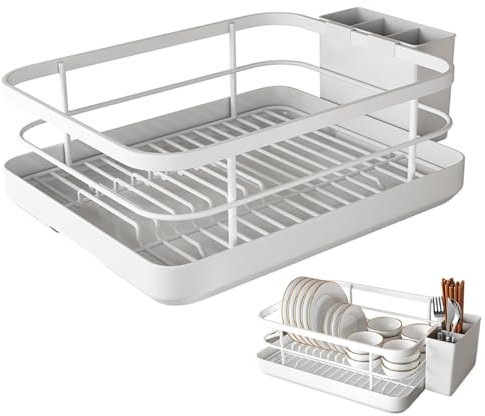 Dish Drainer Rack with Removable Drip Tray, 13.4x10.2x6.3 Dish Drying Rack with Chopstick Holder, Carbon Steel Kitchen Sink Drainer Rack for Cutlery White Kitchen Sink Drainer Rack Plate Drainer Rack