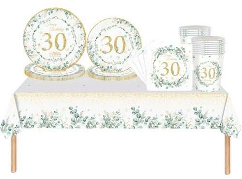 69pcs Sage Green 30th Birthday Decorations - Tablecloth, Paper Plates, Napkins, Cups Set for Women, Men, Him, Her - Birthday Gifts and Table Decorations
