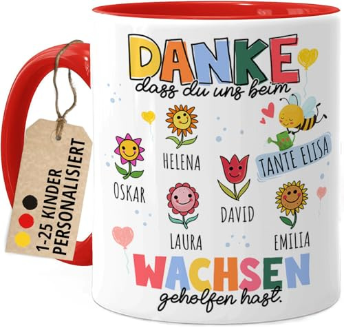 Tassenliebling® Erzieherin Tasse 1-25 Kinder personalisiert - Danke dass du uns beim Wachsen geholfen hast - Rot - Abschiedsgeschenk Kindergarten Tagesmutter Kita Erzieher Geschenk