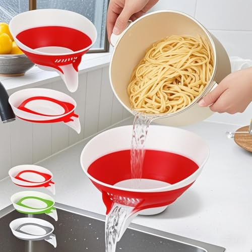 Small Colander with Draining Base, Collapsible Strainer Basket, Side-Drain Design, Countertop Colander Drain for Pasta, Fruits, Vegetables