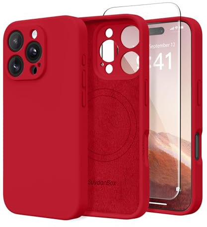 SuydanBox Magnetic for iPhone 16 Pro Case, Compatible with MagSafe, [Full Camera Protection][Screen Protector] Silicone Shockproof Protective Phone Case for iPhone 16 Pro 6.3, Deep Red