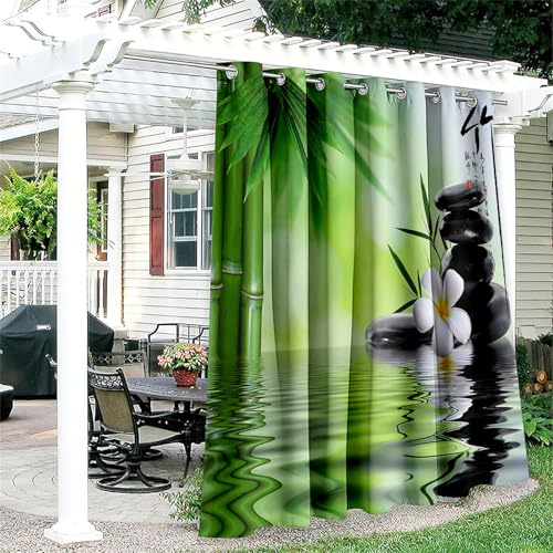 Hiseng Outdoor Vorhänge Wetterfest Wasserdicht mit Ösen, 1 Stück Steinblumen Verdunkelungsvorhang Outdoorvorhänge Blickdicht Sichtschutz Sonnenschutz Vorhänge für Terrasse (132x243cm,Bambus)
