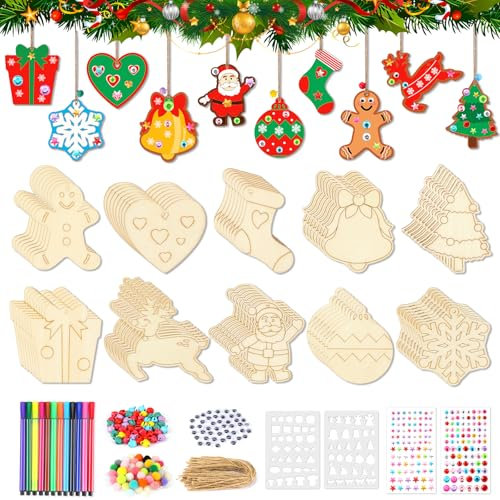 SRIZIAN 80 Stück Holzanhänger zum Bemalen Weihnachten, Holz Bastelset Weihnachten für Kinder DIY Basteln Weihnachts Dekoration