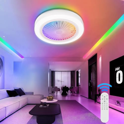 Viugreum 45CM RGB Ceiling Fan with Light and Remote Control, Dimmable LED Ceiling Fan 3000/4500K/6500K, Reversible Mode, 6 Adjustable Wind Speeds, 2H 4H Timer LED Fan Light for Living Room Bedroom