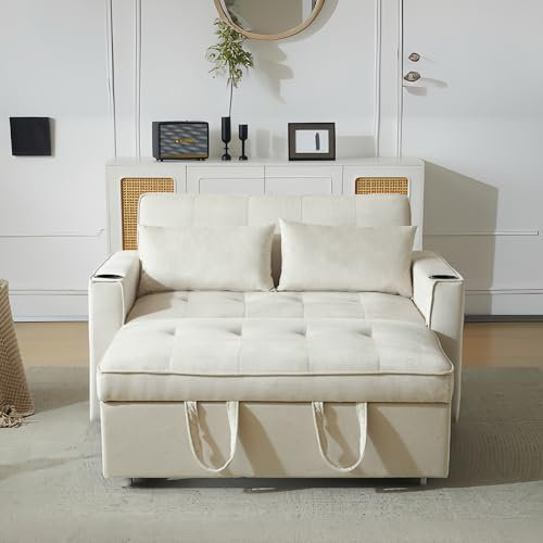Moimhear Klappbares Schlafsofa, Multifunktionssofa mit Schlaffunktion, Schlafsofa mit Getränkehalter und Kissen, geeignet für Wohnzimmer, Schlafzimmer (Beige)