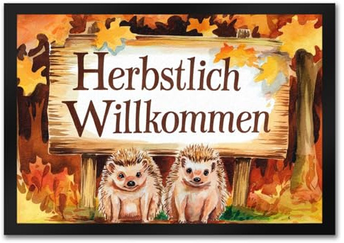 speecheese Igelbabys Herbstlich Willkommen Fußmatte in 35x50 cm Aquarellgemälde im Wald Orangefarbene und gelbe Blätter schaffen eine Bezaubernde Herbststimmung