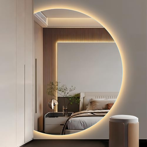 Generisch Spiegel Halbrund, Großer Wandspiegel Halbrunder mit Beleuchtung, Asymmetrisch Rund LED Badezimmerspiegel, 3 Farben Wechselnde, Antibeschlag für Badezimmer, Schlafzi, Flur (77 * 110cm)