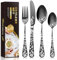 Black Cutlery Set, Stainless Steel Flatware Set, 24 Piece BILLION DUO Flower Pattern Design for Gift, Silverware Set with Spoon Knife and Fork Set, Service for 6, Dishwasher Safe