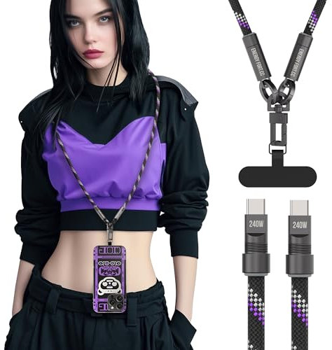240W Handykette mit Ladekabel für USB-C-Schnellladung, mit Zink-Schlüsselanhänger, violetter LED, strapazierfähigem Geflecht – für Samsung Galaxy S25/S24/A16/A06/A26, iPhone 16, Xiaomi 15 (1,2M)