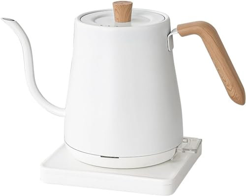 Bollitore elettrico a collo di cigno per caffè e tè, 1 l, in acciaio inox, riscaldamento rapido, design a prova di perdite, spegnimento automatico, manico in legno bianco, perfetto per baristi e uso