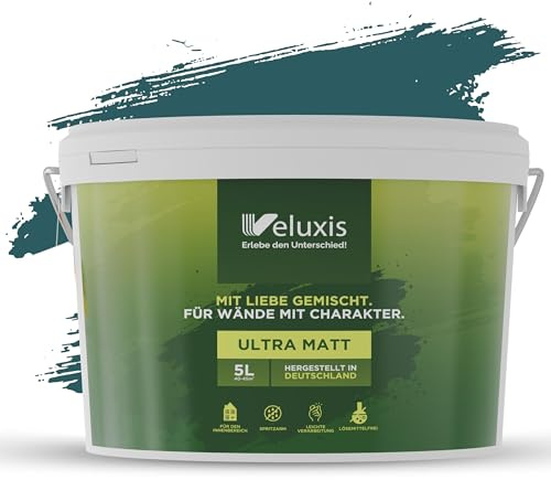 Veluxis® Wandfarbe Blau für den Innenraum - 5 Liter & Deckkraft-Klasse 1, Streifenfrei, tropfarm & Öko Farbe, VOC-frei - (Specific Spirulina)