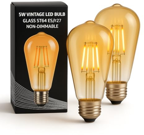 Moonstone Lighting Vintage LED Bulbs, ST64 ES/E27, 5W 2700K Warm White, 510 Lumens, Non-Dimmable – 2 Pack – Glass Edison Style (5W ST64 ES/E27 2700K 2 Pack)