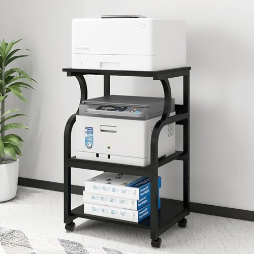 PUNCIA 3-Ebenen Druckertisch höhenverstellbar 50 x 40 cm Druckerständer | Mobiler Druckerhalter mit Rollen Druckwagen aus Holz & Metall für Großen Drucker für Arbeitszimmer Büro Office Schwarz