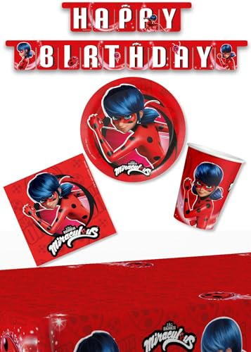 Anila's Party Set Miraculous Ladybug, 38-Piece Set, Plates, Cups, Napkins, Disposable Tableware, Tableware Set