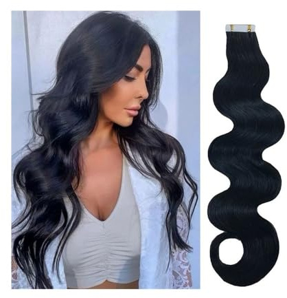 birene Tape-In-Extensions Wellige, lockige Haarverlängerungen, Echthaar, Schwarz, 16-26 Zoll, 20 Stück/50 g Haarverlängerungen(16 inch)