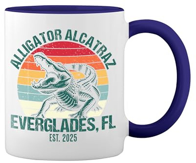 Retro Alligator Alcatraz Everglades Florida Weiße Tasse Mug mit blauem Felgen und Griff