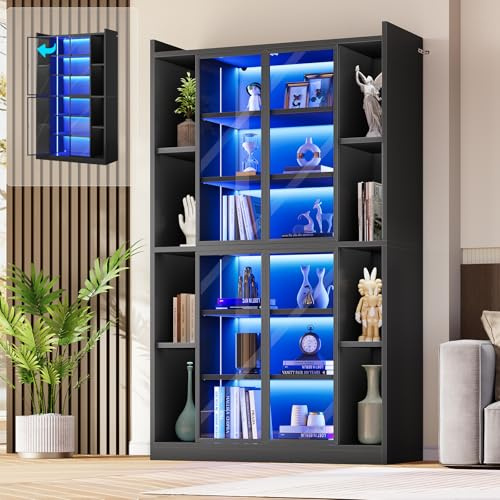 SEDETA 71 Display Cabinet with Acrylic Glass Doors, 6 Tier Display Cases for Collectibles, Curio Cabinet with LED Lights, Tall Bookcase with Adjustable Shelves, Black