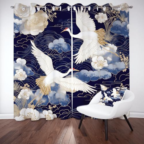 Rideaux Thermiques Grue à Couronne Rouge Nuage Fleur Rideaux Occultant | Court Luxe Japonais Oriental Asiatique Rideau Anti Chaleur Lot de 2 Opaque à Oeillets 70x145cm Fenetre de Cuisine Chambre