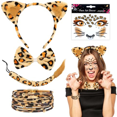 MorLuks 5 Stück Leoparden Kostüm Set, Leopardenohren Haarreif, Leopard Stirnband Fliege, Leoparden Armband, Leopardenmuster Kostüm Zubehör Karneval Cosplay