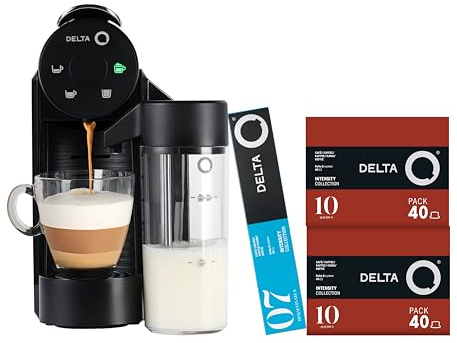 Delta Q Máquina de cápsulas Mini MilkQool, 20 Bares de Presión, Depósito de 0,6 L, con depósito de leche, incluido 2 x 40 cápsulas Intensidad 10 y 10 cápsulas descafeinadas, color negro