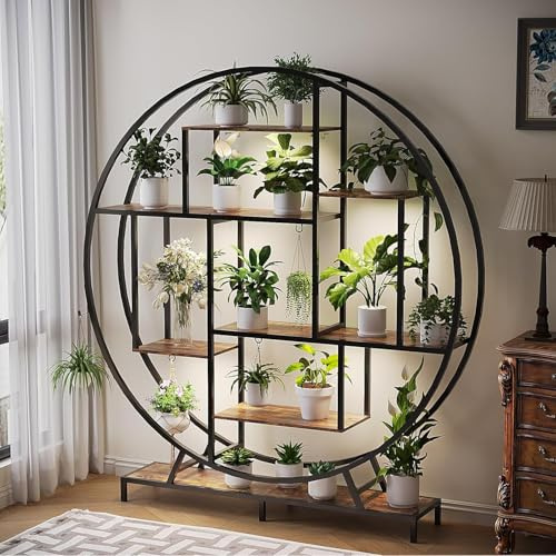 LEADZM 7 Etagen Blumenständer Pflanzenständer mit Wachstumslichtern, Pflanzenregal Indoor, Blumenregal Groß Pflanzregal Innen für Wohnzimmer, Balkon, Schlafzimmer (Schwarz)
