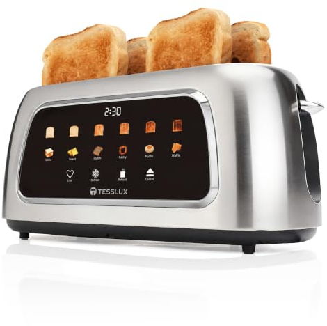 Tesslux 4 Slice Toaster, Touchscreen, Stainless Steel Long Slot, Silver | 1300W, Brushed Stainless Steel, Extra-Wide Slot, 6 Bread Modes & 6 Browning Levels, Defrost, Reheat, Cancel, Memory, Timer