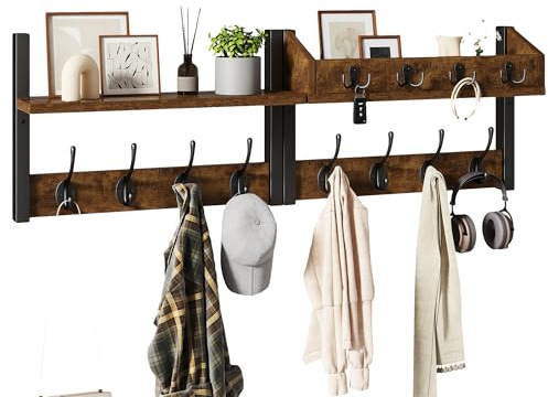 YMYNY Wandgarderobe Holz 4-in-1 mit Ablage, Rustikal Braun HWS007H-2 | Garderobenleiste Holz mit Ablage, 12 Haken. Ideal für Wandmontage. Garderobenhaken & Garderobe Wand für Flur & Diele