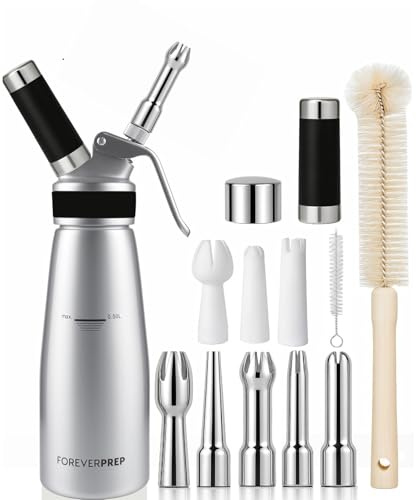 Professional 500 ml Aluminum Whipped Cream Dispenser With 8 Decorating Nozzles -Whipped Cream Canister With 2 Cleaning brushes-Heavy Duty Homemade Whipped Cream Maker 1 Pint (N20 Charger Not Included)