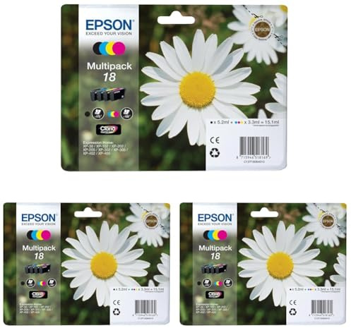 Epson Orginal 18 Tinte Gänseblümchen, XP-305 XP-402 XP-215 XP-312 XP-315 XP-412 XP-415 XP-225 XP-322 XP-325 XP-422 XP-425,Normalverpackung,Standard, (Multipack, 4-farbig) (Packung mit 3)