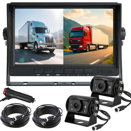 Caméra de recul AHD 1080p pour véhicule et camion avec moniteur à 2 écrans divisés de 17,8 cm, 2 caméras de recul étanches à vision nocturne avec câble de 15 m pour semi-remorque, camping-car, 12 V-24