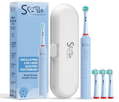 SMILE THERAPY® Childrens Electric Toothbrush 3–12, Rechargeable Kids Electric Toothbrush with 2-Min Timer & 30s Quad Alerts, Soft Bristles, Quiet Motor, USB-C, Travel Case & Stickers