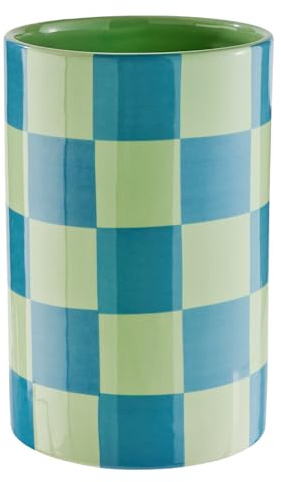 BUTLERS Blumenvase Keramik - Checker - Schachbrettmuster | Farbe Grün - ø13 x H22 cm - Dekovase für Trockenblumen & Zweige - Tischvase für Esstisch & Sideboard