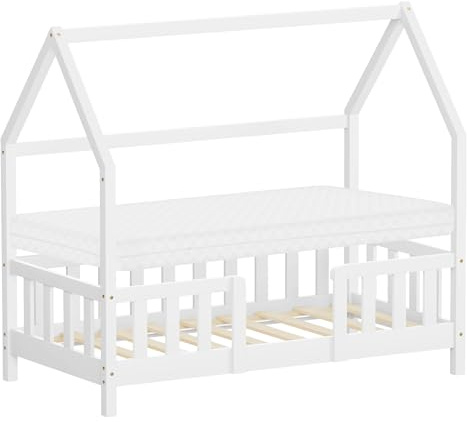 ML-Design Kinderbett Hausbett 70x140 cm mit Matratze, Rausfallschutz, Dach & Lattenrost, Weiß, Bettgestell aus Kiefernholz, Montessori Bodenbett, Holzbett für Mädchen & Jungen, Jugendbett Doppelbett