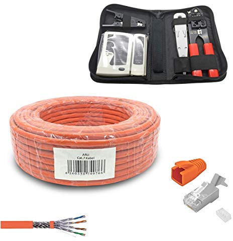 ARLI CAT 7 Verlegekabel 25m Netzwerkkabel CAT.7 + Crimpzange RJ45 Zange + Kabelmesser + 20x Netzwerkstecker Netzwerk Stecker 8 polig Plug LAN Halogenfrei Installationskabel CAT7 Kabel Netzwerk 25 m