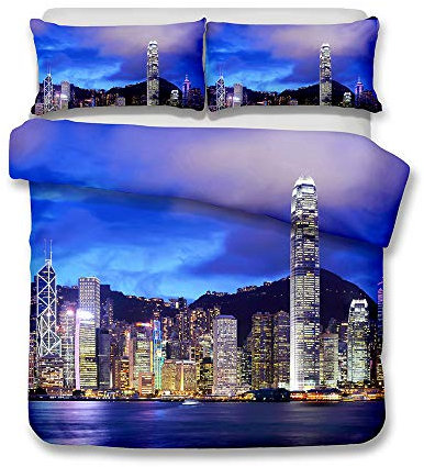 Bettwäsche Einzel Bettbezug 135x200 Moderner Stil 3D städtische Architektur Hochhaus Schattenbild Neon Nachtszene Szenerie Creative Mehrfarbig Anti-Feuchtigkeit, Anti-Milbe, glatt und bequem
