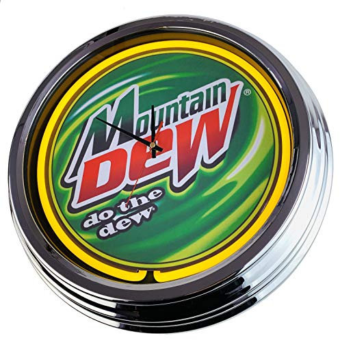 US-Way.de Mountain Dew WallClock Deko-Clock – 44 cm Durchmesser, Deko-Wanduhr ohne Tickgeräusche und gut lesbares Display, USA 50er-Jahre-Stil Neon-Uhr für Küche, Büro (Gelb)