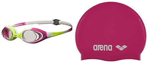 arena Lunettes de Natation pour Enfants Spider Junior, Antibuée, avec Protection UV, Pont de Nez Auto-ajustable, Joints en Silicone & Classic Silicone JR Bonnet de piscine Mixte Enfant, Fuchsia/Blanc