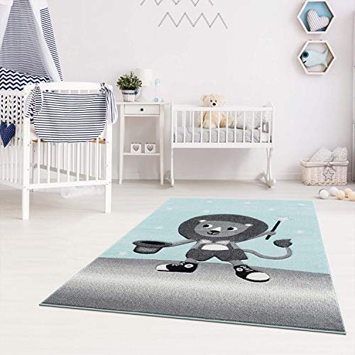 carpet city Spielteppich Flachflor 120 x 170 cm Löwen Motiv Mint Grau Teppich Kinderzimmer